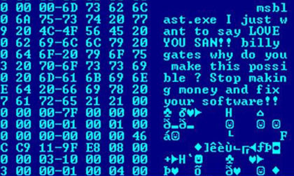 Hex dump of the Blaster worm, showing a message left for Microsoft co-founder Bill Gates by the worm's programmer